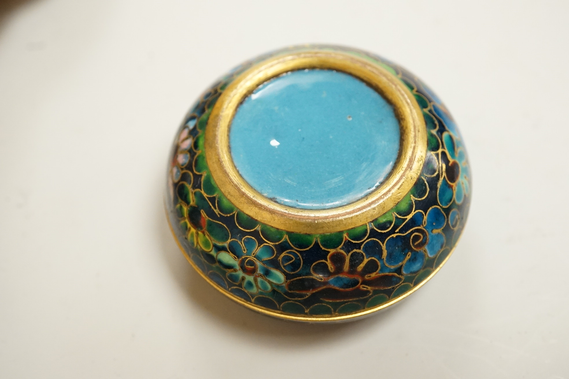 A collection of miniature enamel and cloisonné boxes, eggs and a painted rabbit, etc. (11)